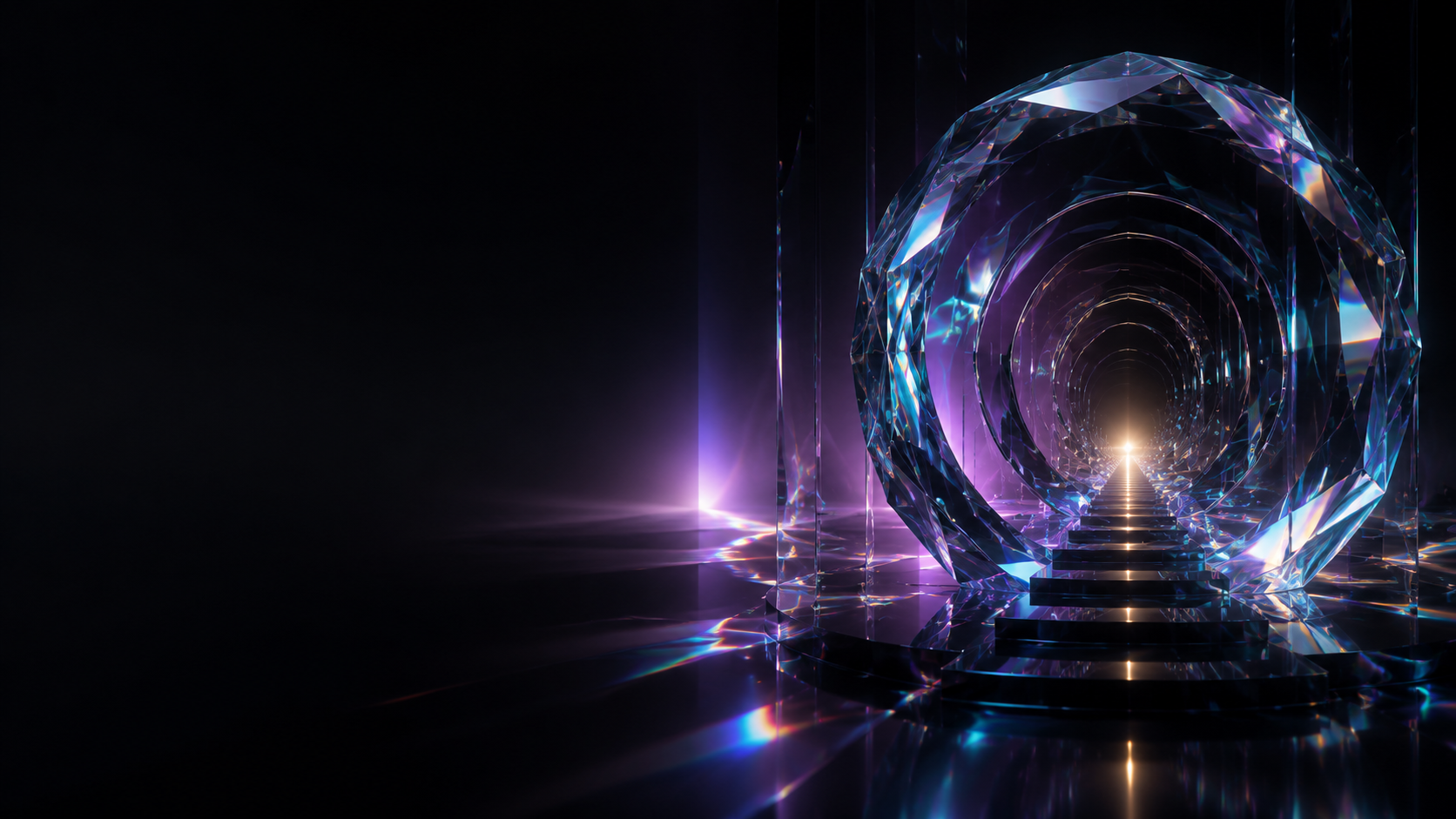 Prismatic glass passage illuminated in violet and aqua