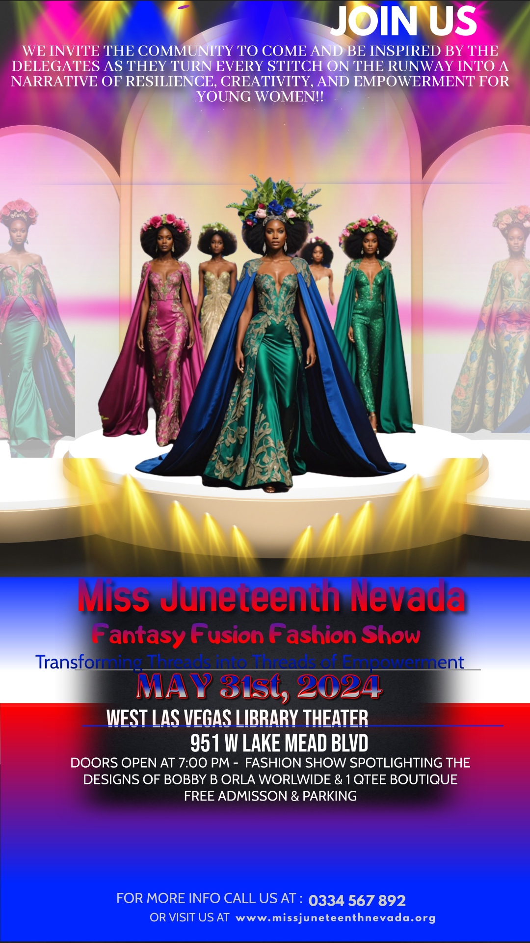 Miss Juneteenth Nevada Fantasy Fusion Fashion Show flyer designed by Devon Hughes for the May 31, 2024 event